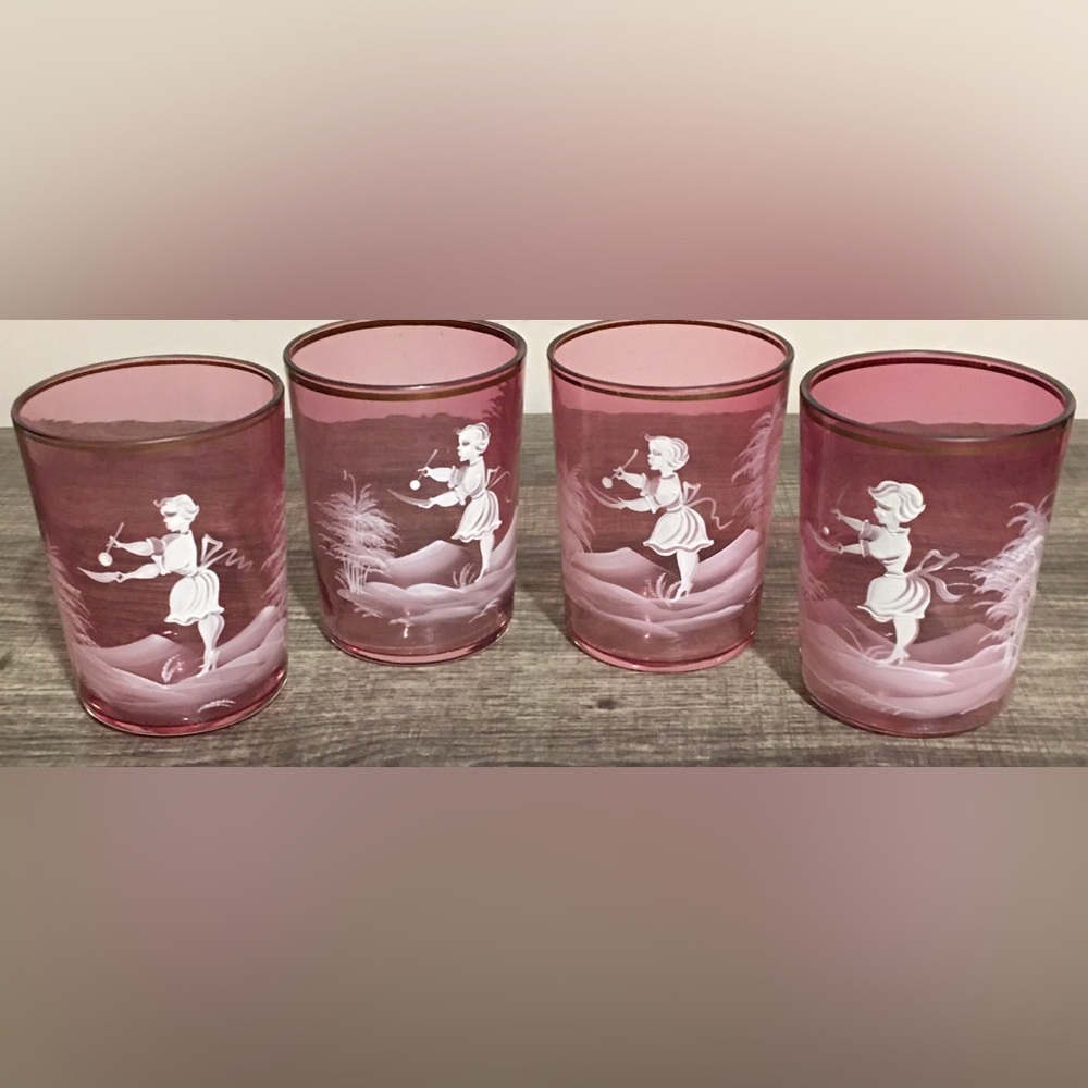 Mary Gregory Etched Pink Glass Tumbler Cup Perfect Condition Early 1900 (4)